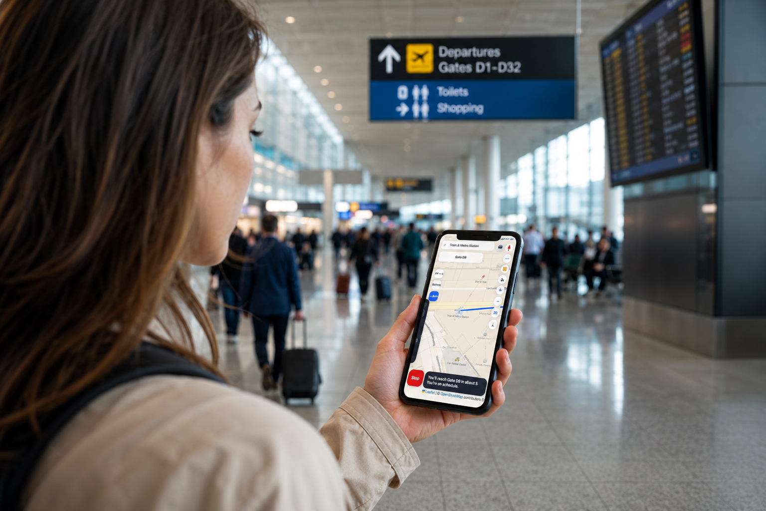 Passenger navigating an airport terminal with GlidePath Air open on her phone, departures board visible in the background
